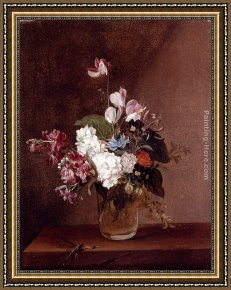 Golding Constable's Flower Garden Framed Paintings - Still Life With Garden Flowers In A Glass Vase And A Dragonfly by Louis-Leopold Boilly