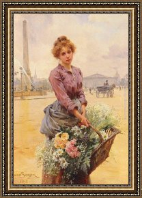 Vue De Saintes Maries 1888 Framed Paintings - La Marchande Des Fleurs, Place De La Concorde by Louis Marie de Schryver