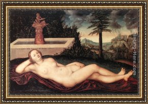 Nymph And Triton Framed Paintings - Reclining River Nymph at the Fountain by Lucas Cranach the Elder