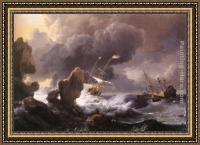 Welsh Coast Framed Paintings - Ships in Distress off a Rocky Coast by Ludolf Backhuysen