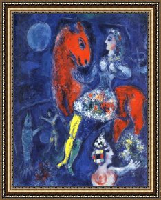 El Bano Del Caballo [the Horse's Bath] Framed Paintings - Horsewoman on Red Horse by Marc Chagall