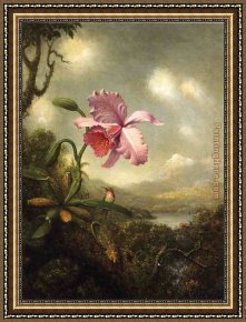 Hummingbird Framed Paintings - Hummingbird and Orchid, Sun Breaking Through the Clouds by Martin Johnson Heade