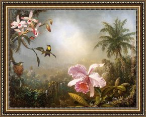Hummingbird Framed Paintings - Orchids, Nesting Hummingbirds and a Butterfly by Martin Johnson Heade