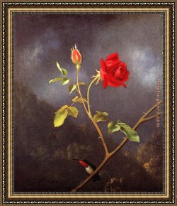 Two Roses on a Tablecloth Framed Paintings - Red Rose with Ruby Throat by Martin Johnson Heade