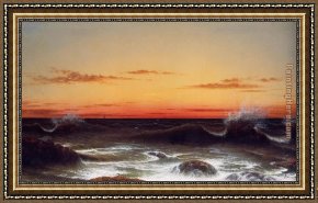 Seascape on a Cliff with Boat And Sunset Framed Paintings - Seascape, Sunset by Martin Johnson Heade