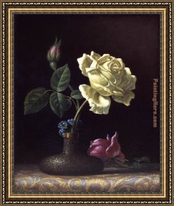 Two Roses on a Tablecloth Framed Paintings - The White Rose by Martin Johnson Heade