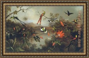 Hummingbird Framed Paintings - Tropical Landscape with Ten Hummingbirds 1870 by Martin Johnson Heade