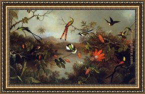 Hummingbird Framed Paintings - Tropical Landscape with Ten Hummingbirds by Martin Johnson Heade