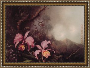 Orchid Framed Paintings - Two Orchids in a Mountain Landscape by Martin Johnson Heade