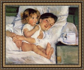 Bed of Chrysanthemums Framed Paintings - Breakfast in Bed by Mary Cassatt