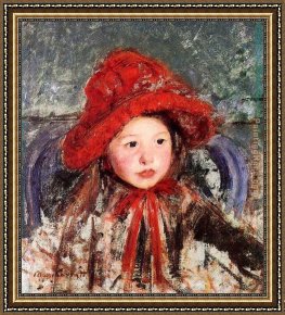 Girl with Red Hair Framed Paintings - Little Girl In A Large Red Hat by Mary Cassatt