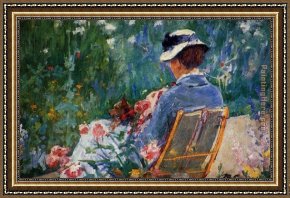 A Dog And Her Puppies Framed Paintings - Lydia Seated In The Garden With A Dog In Her Lap by Mary Cassatt