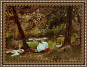 Woodland Walk Framed Paintings - Two Women Seated By A Woodland Stream by Mary Cassatt