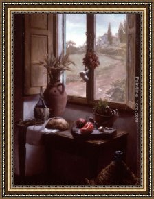 Interior Model Reading Framed Paintings - Still Life with a View ( Interior with Landscape through a Window) by Maureen Hyde