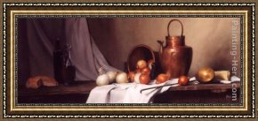 Still Life of Marigolds in a Westerwald Jug Framed Paintings - Still Life with Bread, Onions and Brass Water Jug by Maureen Hyde