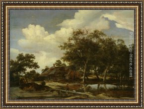 Landscape with Figure Framed Paintings - A wooded landscape with a figure crossing a bridge over a stream by Meindert Hobbema