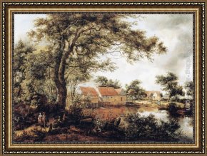 Flatford Mill Framed Paintings - Wooded Landscape with Water Mill by Meindert Hobbema