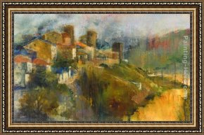 Town Square Framed Paintings - Hillside Town by Michael Longo