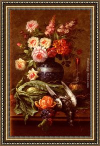Le Bassin Aux Nympheas Framed Paintings - Nature Morte Aux Fleurs Et A L'Orange by Modeste Carlier