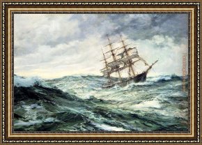 Puffins Over Sea Framed Paintings - A Ship In Stormy Seas by Montague Dawson