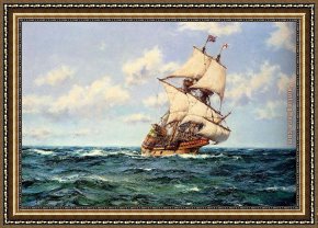 Puffins Over Sea Framed Paintings - Mayflower II on the Open Seas by Montague Dawson
