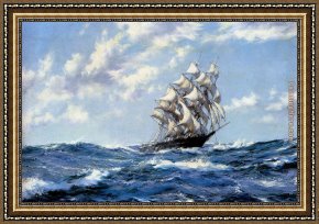 Puffins Over Sea Framed Paintings - The Clipper Ship Blue Jacket On Choppy Seas by Montague Dawson