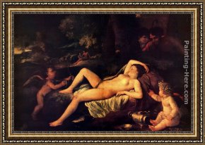 Cupid Framed Paintings - Sleeping Venus and Cupid by Nicolas Poussin