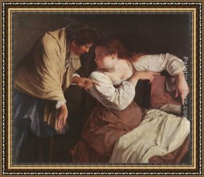 Old Woman at The Mirror Framed Paintings - Two Women with a Mirror by Orazio Gentleschi