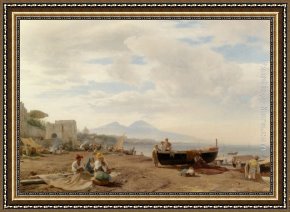 Amalfi Dia Cappuccini Framed Paintings - Fishermen on the Amalfi coast by Oswald Achenbach