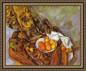 Cezanne Framed Paintings - Still Life with Flower Curtain and Fruit by Paul Cezanne