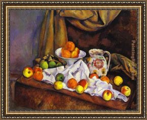 Cezanne Framed Paintings - Still Life with Fruit Pitcher and Fruit-Vase by Paul Cezanne