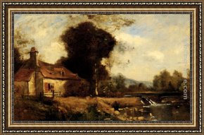 Cottage Stream Framed Paintings - A Cottage By A Stream by Paul Desire Trouillebert