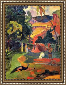 Landscape Framed Paintings - Landscape with Peacocks by Paul Gauguin