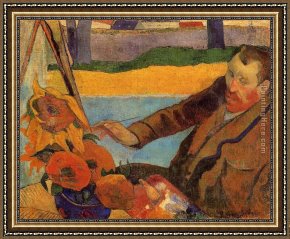 Portrait Framed Paintings - Portrait of Vincent van Gogh Painting Sunflowers by Paul Gauguin