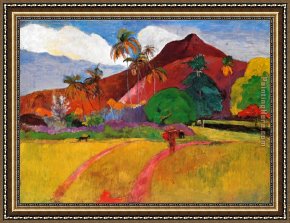 Landscape Framed Paintings - Tahitian Landscape by Paul Gauguin