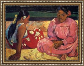 Beach Skyline Framed Paintings - Two Women on Beach by Paul Gauguin