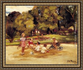 Deer Park Framed Paintings - Children Playing In A Park by Paul Michel Dupuy