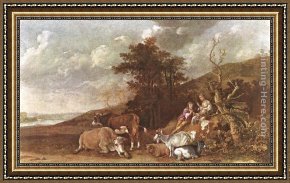 A Shepherdess with Her Flock Framed Paintings - Landscape with Shepherdess and Shepherd Playing Flute by Paulus Potter
