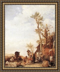 A Peasant Family Gathered Around The Kitchen Table Framed Paintings - Peasant Family with Animals by Paulus Potter