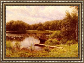 Quiet Pond Framed Paintings - A Boat Moored On A Quiet Lak by Peder Mork Monsted