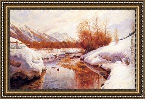 Among The Sierra Nevada Mountains California Framed Paintings - A Mountain Torrent In A Winter Landscape by Peder Mork Monsted