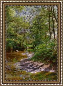 Landscape Framed Paintings - A River Landscape by Peder Mork Monsted