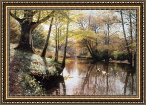 Landscape Framed Paintings - A River Landscape in Springtime by Peder Mork Monsted
