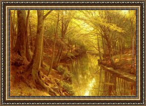 Cottage Stream Framed Paintings - A Woodland Stream by Peder Mork Monsted