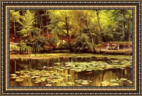 Waterlilies Framed Paintings - Waterlilies by Peder Mork Monsted