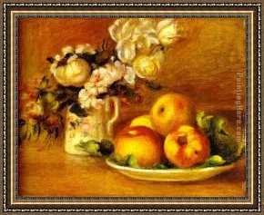 Les Moissonneurs 1888 Framed Paintings - Apples and Flowers (Les pommes et fleurs) by Pierre Auguste Renoir