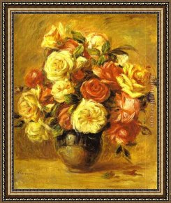 Auguste Framed Paintings - Bouquet of Roses (Bouquet de roses) by Pierre Auguste Renoir