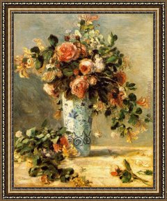Auguste Framed Paintings - Les roses et jasmin dans le vase de Delft by Pierre Auguste Renoir