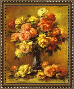 Auguste Framed Paintings - Roses in a Vase by Pierre Auguste Renoir
