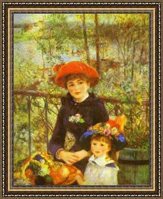 Auguste Framed Paintings - Two Sisters (On the Terrace) by Pierre Auguste Renoir
